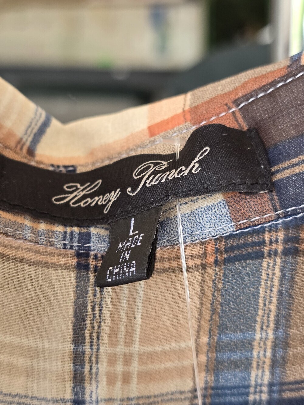 Honey Punch Plaid Button-Up Shirt in Cream, Blue & Rust Size Large - Picture 5 of 5